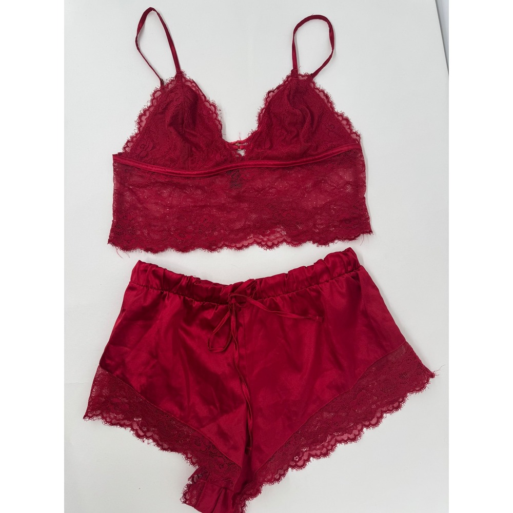 Be Wicked Red Satin and Lace Bralette‎ and Tap Shorts Lingerie Set Womens Size S